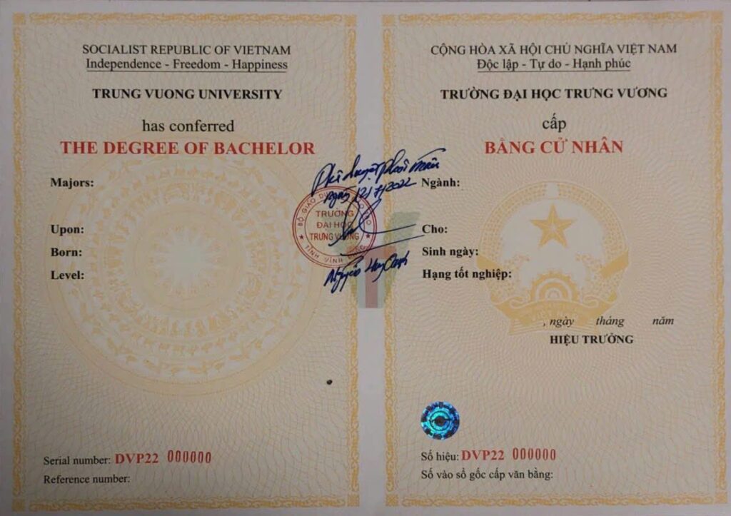 Cử nhân online, Mẫu văn bằng